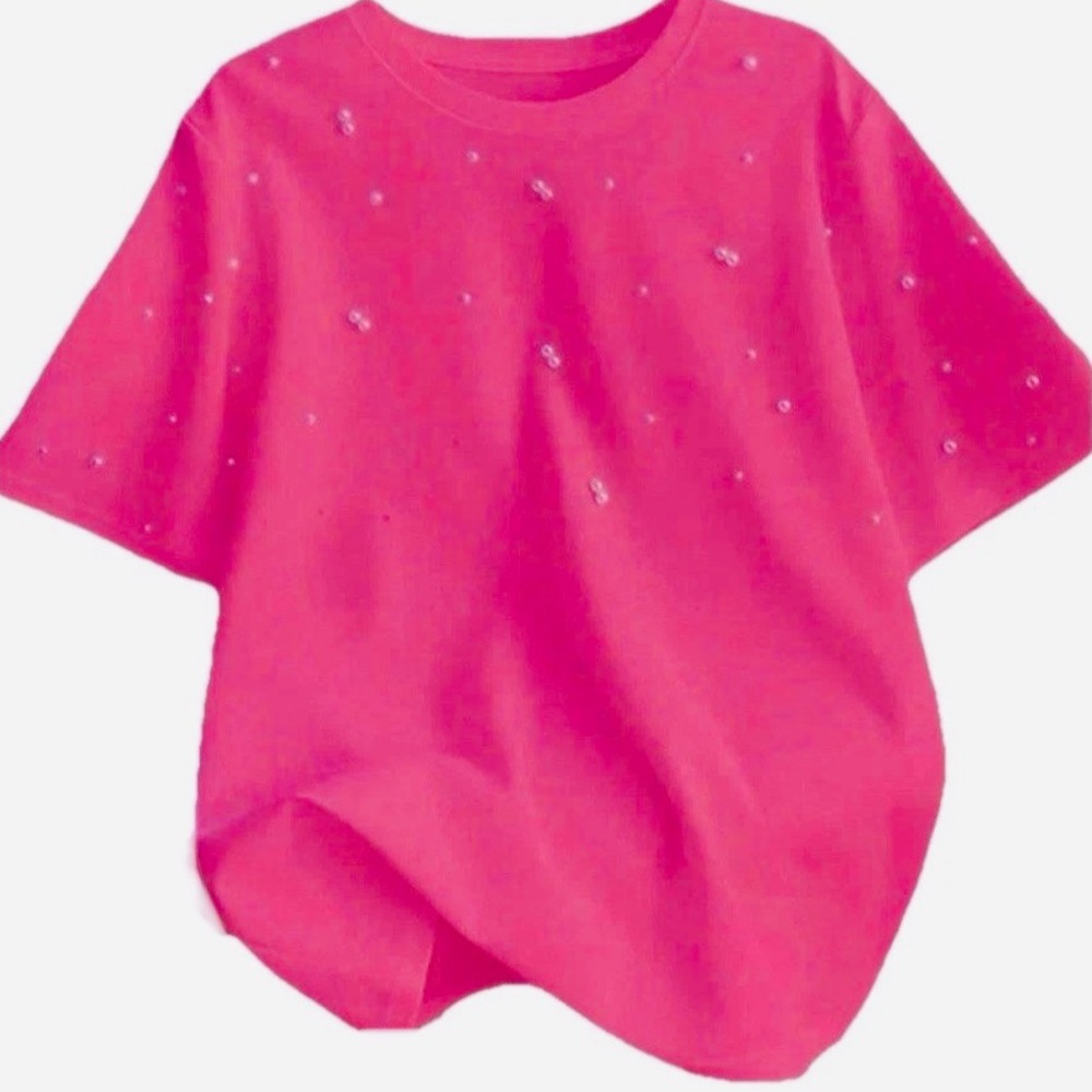 NWT Astrid Pearl Embellished Hot Pink T-Shirt Size XL Fuchsia Summer Top